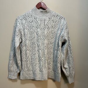 Gray Pullover Mock T-Neck Sweater Crochet Knit Wool Blend Loft Women’s S